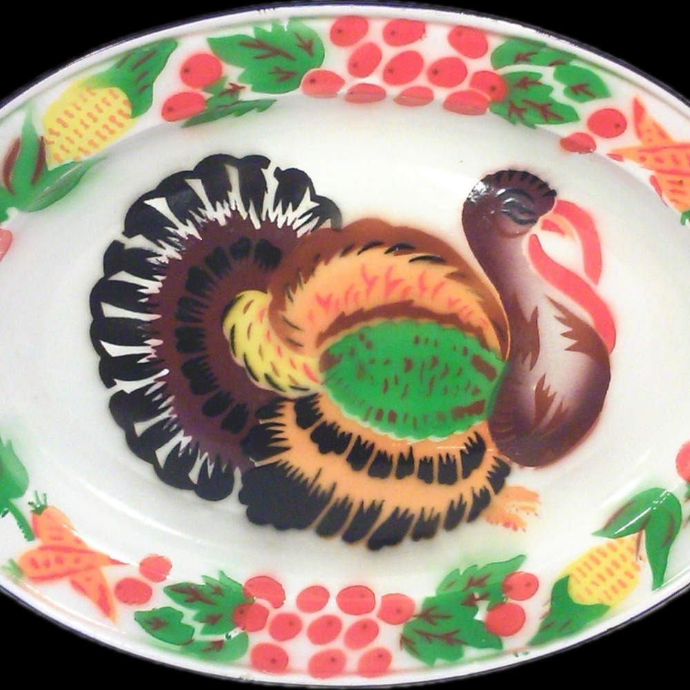 Vintage Turkey Platter Oval Enamel Fall Thanksgiving Decorative Tray